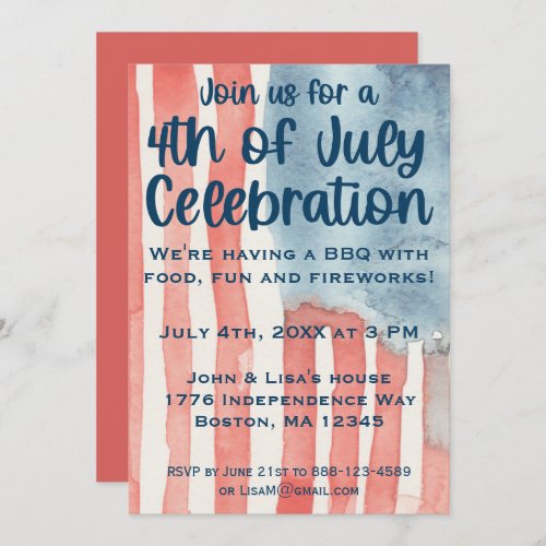 Watercolor American Flag 4th of July Party Invitat Invitation