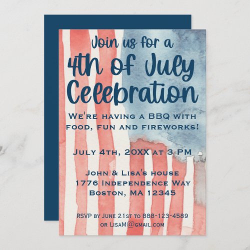Watercolor American Flag 4th of July Party Invitation