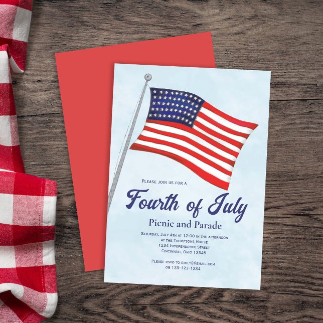 Watercolor American Flag Fourth of July Invitation (Retro Classic Fourth of July Custom Invitations. With watercolor American Flag)