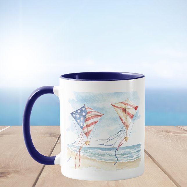 Watercolor American Flag Kites on Beach Mug (Creator Uploaded)
