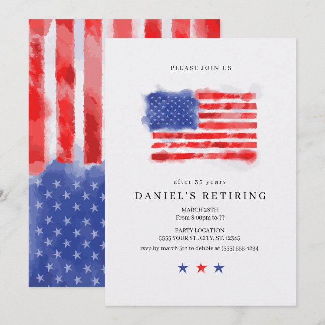 Watercolor American Flag Retirement Invitations (Front/Back)