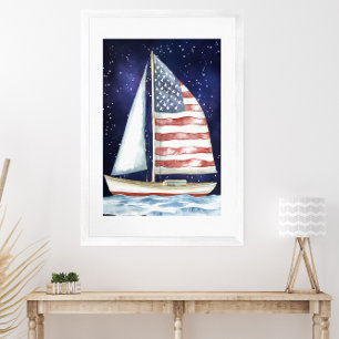 Watercolor American Flag Sailing under the Stars Poster