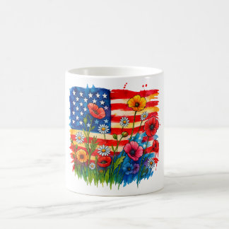 Watercolor American Flag & Wildflowers – Patriotic Coffee Mug