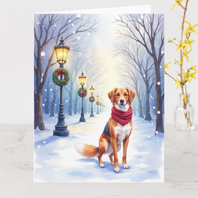 Watercolor American Foxhound Snowy Lamppost Card (Yellow Flower)