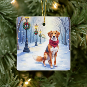 Watercolor American Foxhound Snowy Lamppost Ceramic Ornament
