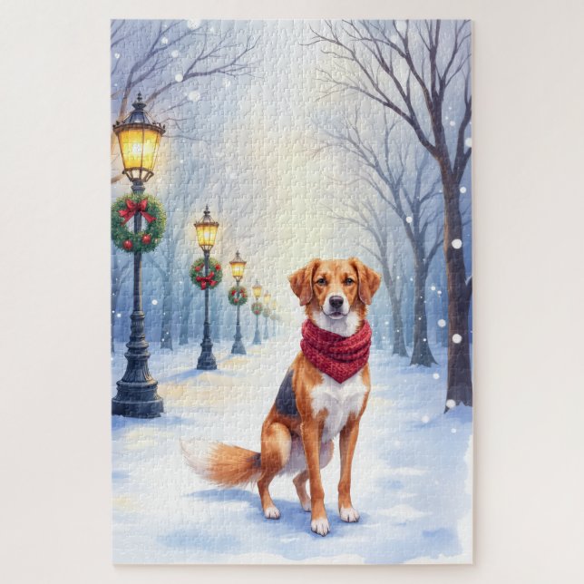 Watercolor American Foxhound Snowy Lamppost Jigsaw Puzzle (Vertical)
