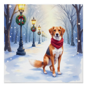 Watercolor American Foxhound Snowy Lamppost Poster