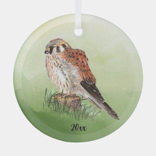 Watercolor American Kestrel Falcon Bird Hawk Glass Ornament