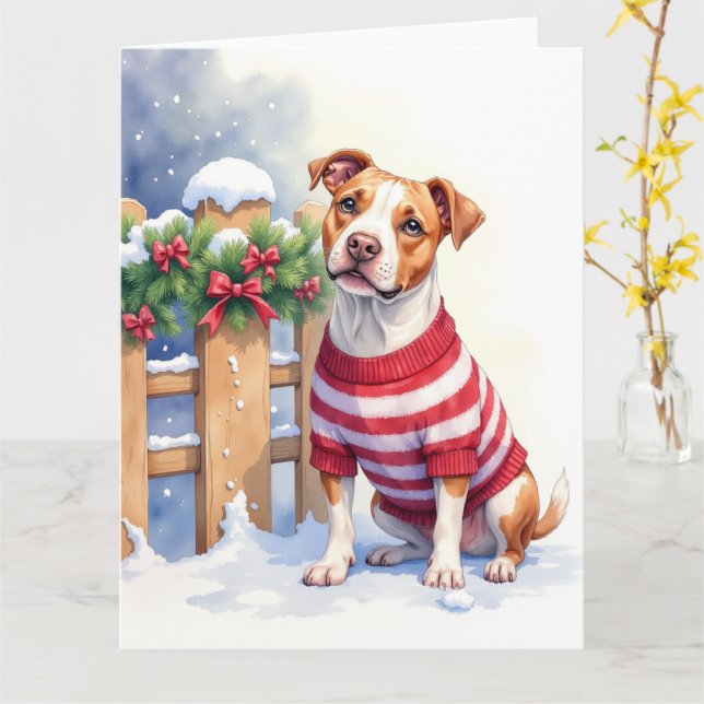Watercolor American Pit Bull Terrier Festive Card (Yellow Flower)
