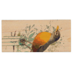 Watercolor American Robin Bird Nature Art Wood Flash Drive
