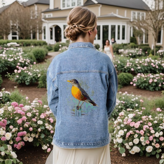 Watercolor American Robin Garden Bird Art Denim Jacket (Wedding Back)