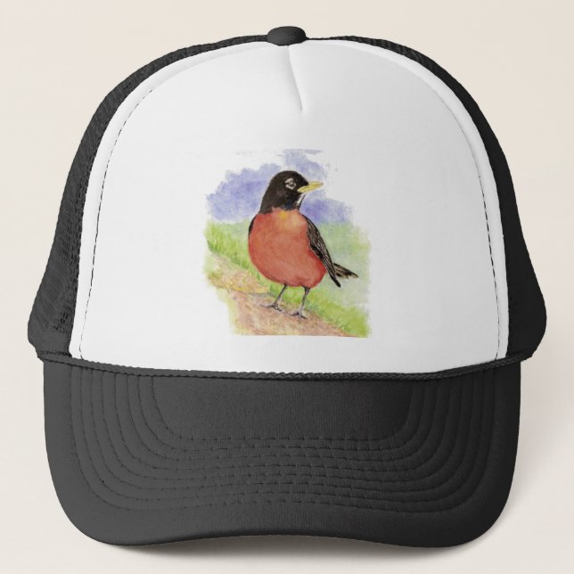 Watercolor American Robin Garden Bird Nature Art Trucker Hat (Front)