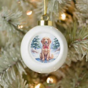 Watercolor American Water Spaniel Frozen Pond Ceramic Ball Christmas Ornament