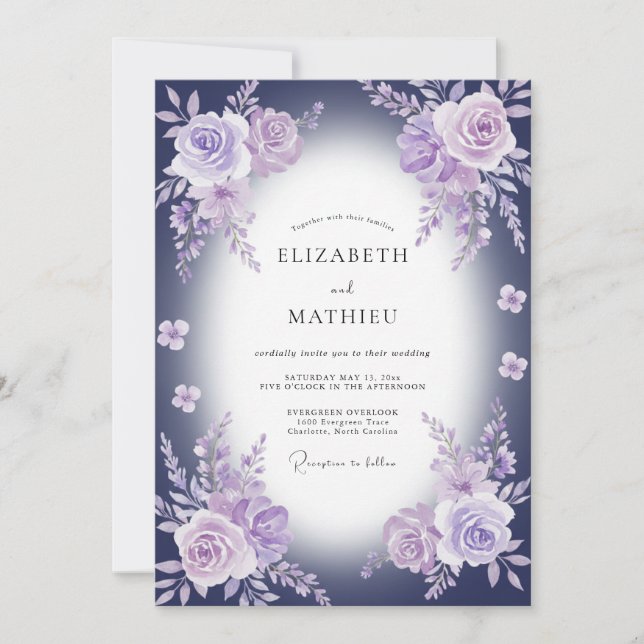 Watercolor Amethyst Indigo Peony Wedding Invitation (Front)