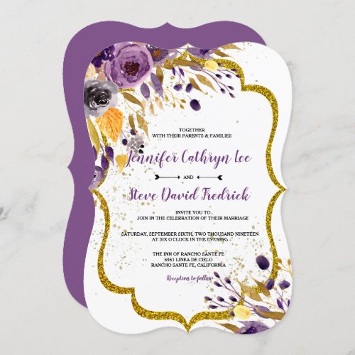 Watercolor Amethyst Purple Gold Floral Wedding Invitation