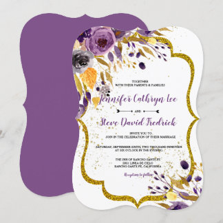 Watercolor Amethyst Purple Gold Floral Wedding Invitation