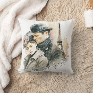Watercolor Amour in Paris Couples Throw Pillow