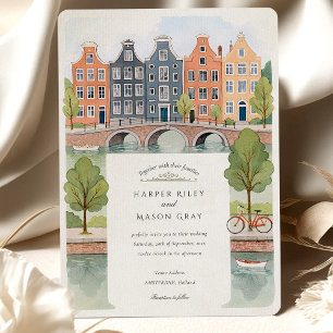 Watercolor Amsterdam Canal Houses & Tulips Wedding Invitation