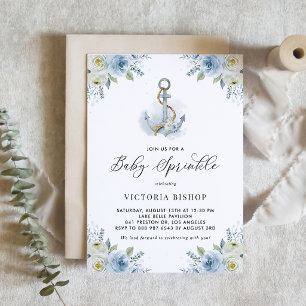 Watercolor Anchor and Blue Flowers Baby Sprinkle Invitation