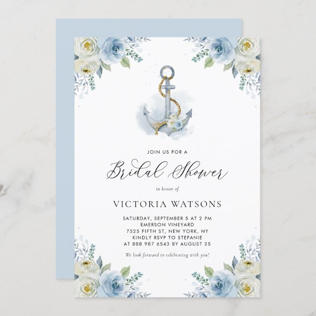 Watercolor Anchor and Blue Flowers Bridal Shower Invitation (Front/Back)