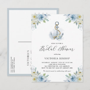 Watercolor Anchor and Blue Flowers Bridal Shower Invitation Postcard
