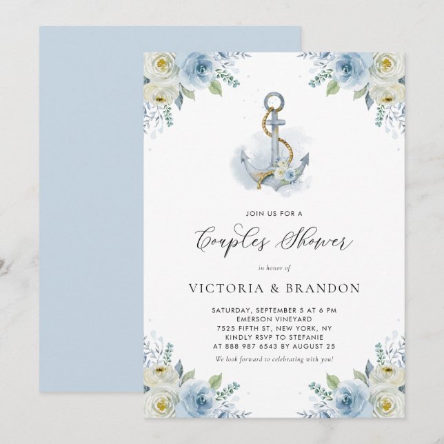 Watercolor Anchor and Blue Flowers Couples Shower Invitation (Front/Back)