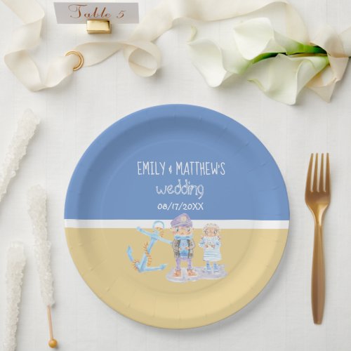 Watercolor Anchor and Cute Sea Otter Couple Paper Plates