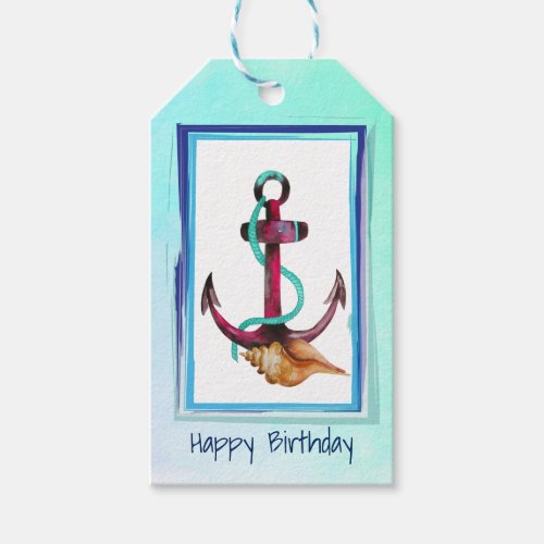 Watercolor Anchor And Seashell Happy Birthday Gift Tags