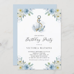 Watercolor Anchor & Blue Flowers Nautical Birthday Invitation