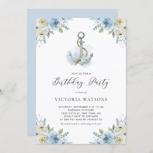 Watercolor Anchor  Blue Flowers Nautical Birthday Invitation