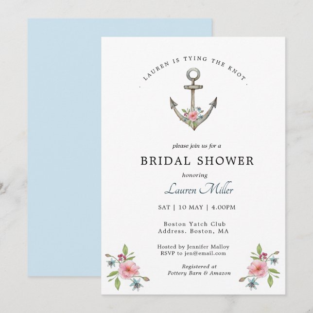 Watercolor Anchor Bridal shower  invitation (Front/Back)