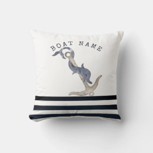 Watercolor Anchor Dolphin Navy Blue Striped Throw Pillow
