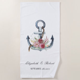 Watercolor Anchor Flowers Nautical Beach Towel