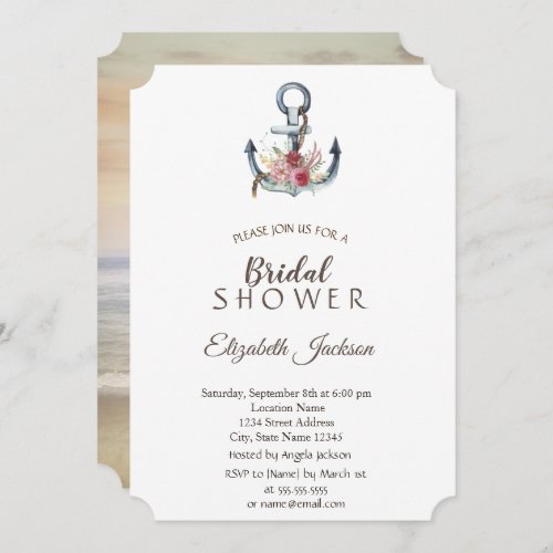 Watercolor Anchor Flowers Nautical Bridal Shower Invitation