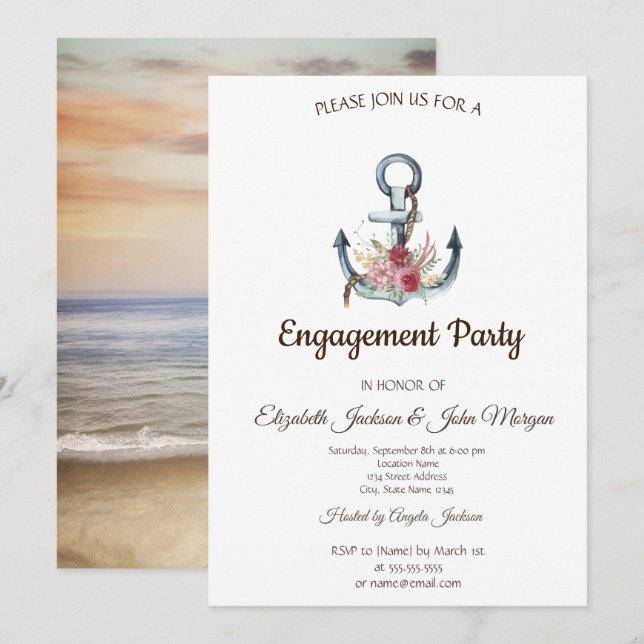 Watercolor Anchor Flowers Nautical Engagement  Invitation (Front/Back)