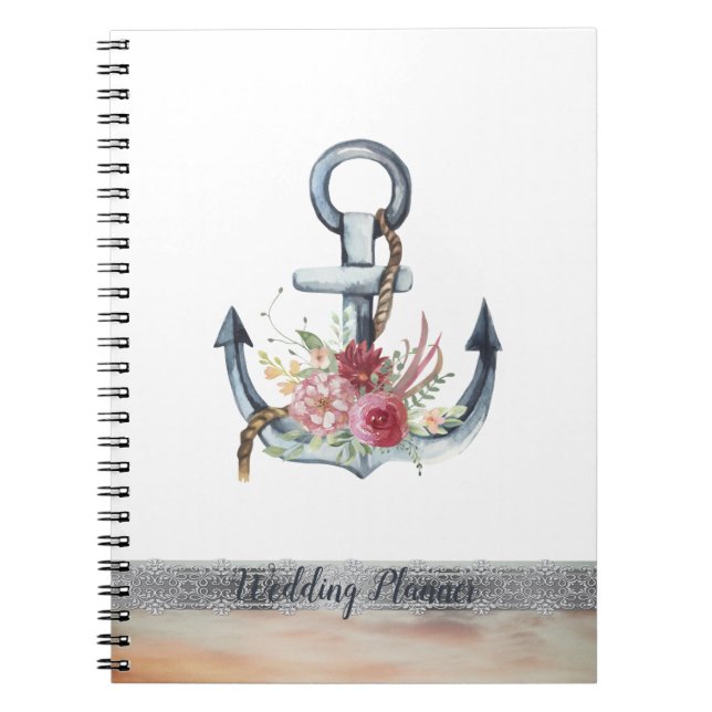 Watercolor Anchor Flowers Nautical Lace Notebook (Front)