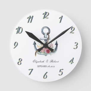 Watercolor Anchor Flowers Nautical Round Clock
