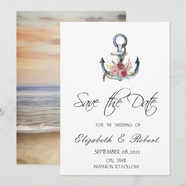 Watercolor Anchor Flowers Nautical Save The Date (Front/Back)