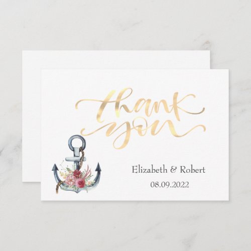 Watercolor Anchor Flowers Nautical  Thank You Card