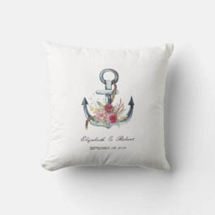 Watercolor Anchor Flowers Nautical Throw Pillow
