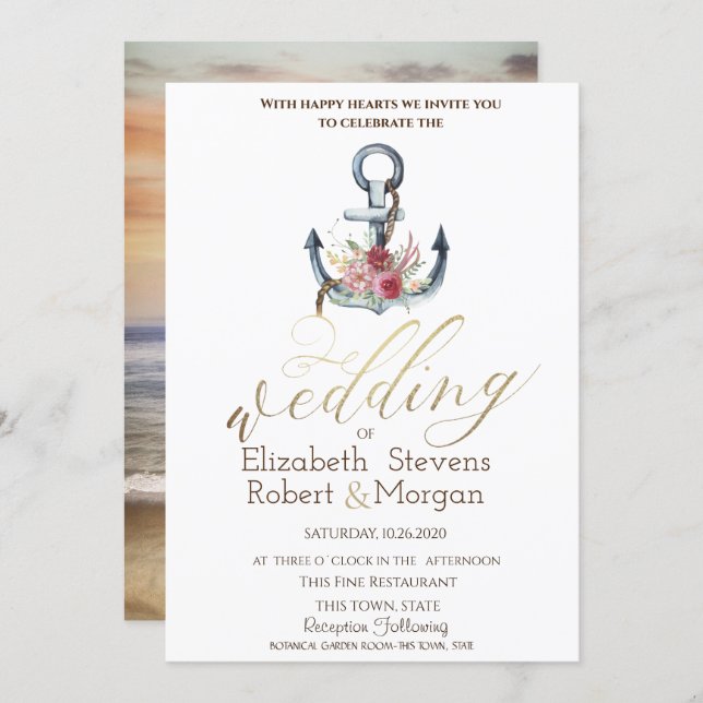 Watercolor Anchor Flowers Nautical Wedding   Invitation (Front/Back)