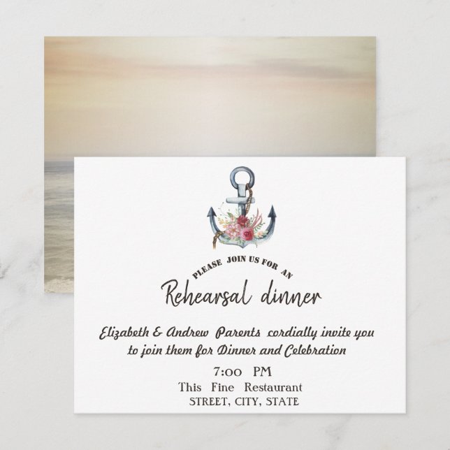 Watercolor Anchor Flowers Rehearsal Dinner  Invitation (Front/Back)