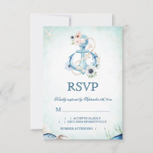 Watercolor Anchor Flowers Starfish Beach Wedding RSVP Card