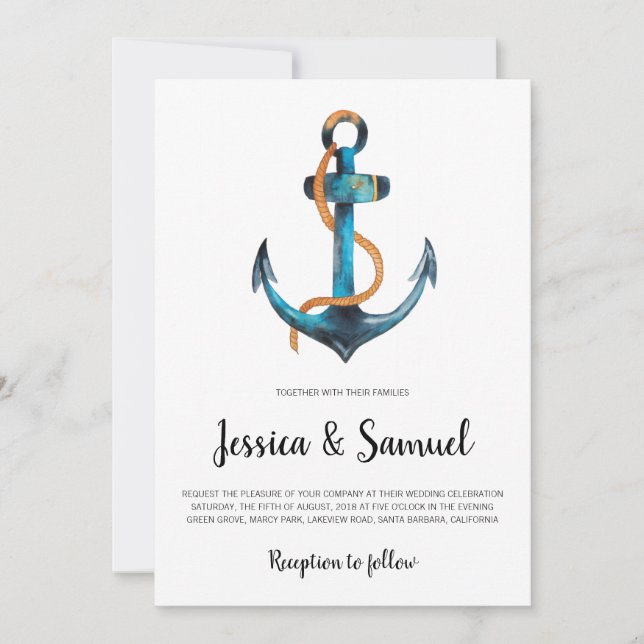 Watercolor Anchor Modern Nautical Wedding Invitation (Front)