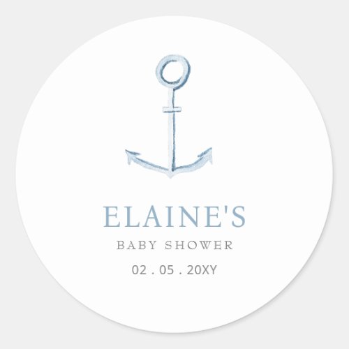 Watercolor Anchor Nautical Blue Beach Baby Shower Classic Round Sticker