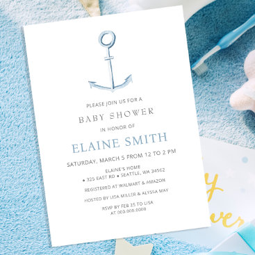 Watercolor Anchor Nautical Blue Beach Baby Shower  Invitation