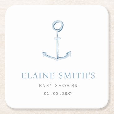 Watercolor Anchor Nautical Blue Beach Baby Shower Square Paper Coaster