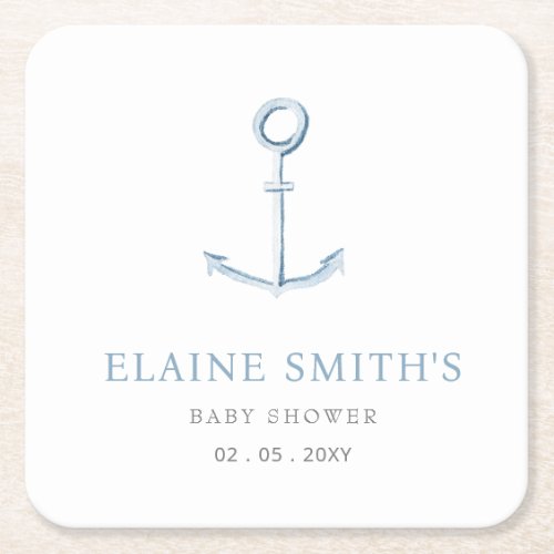 Watercolor Anchor Nautical Blue Beach Baby Shower Square Paper Coaster