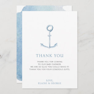 Watercolor Anchor Nautical Blue Beach Baby Shower Thank You Card
