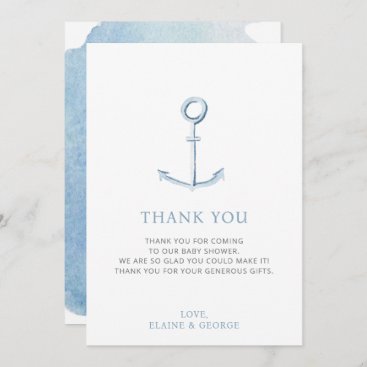 Watercolor Anchor Nautical Blue Beach Baby Shower  Thank You Card